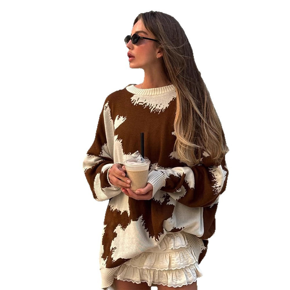 Women Oversized Knit Sweater with Abstract Spot Pattern and Ribbed Cuffs Chichicherry