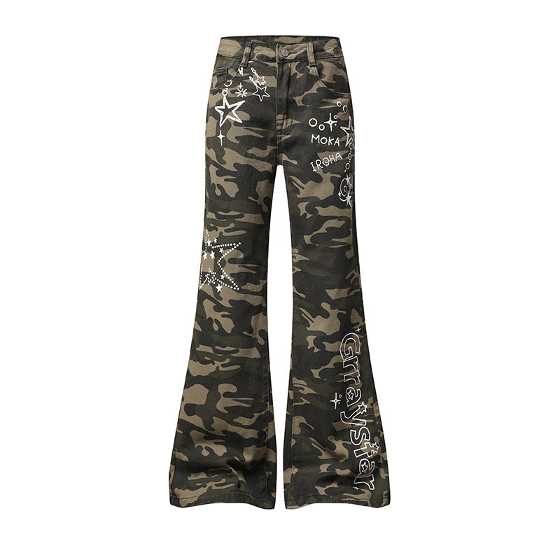 Women's Wide High-Waist Palazzo Jeans in Camouflage Print with Star and Text Applications, Flared Pants Chichicherry