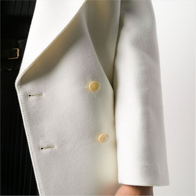 Women Slim Double-Breasted Wool Blend Long Coat with Shawl Collar, Gold Button Detail and Flap Pockets Chichicherry