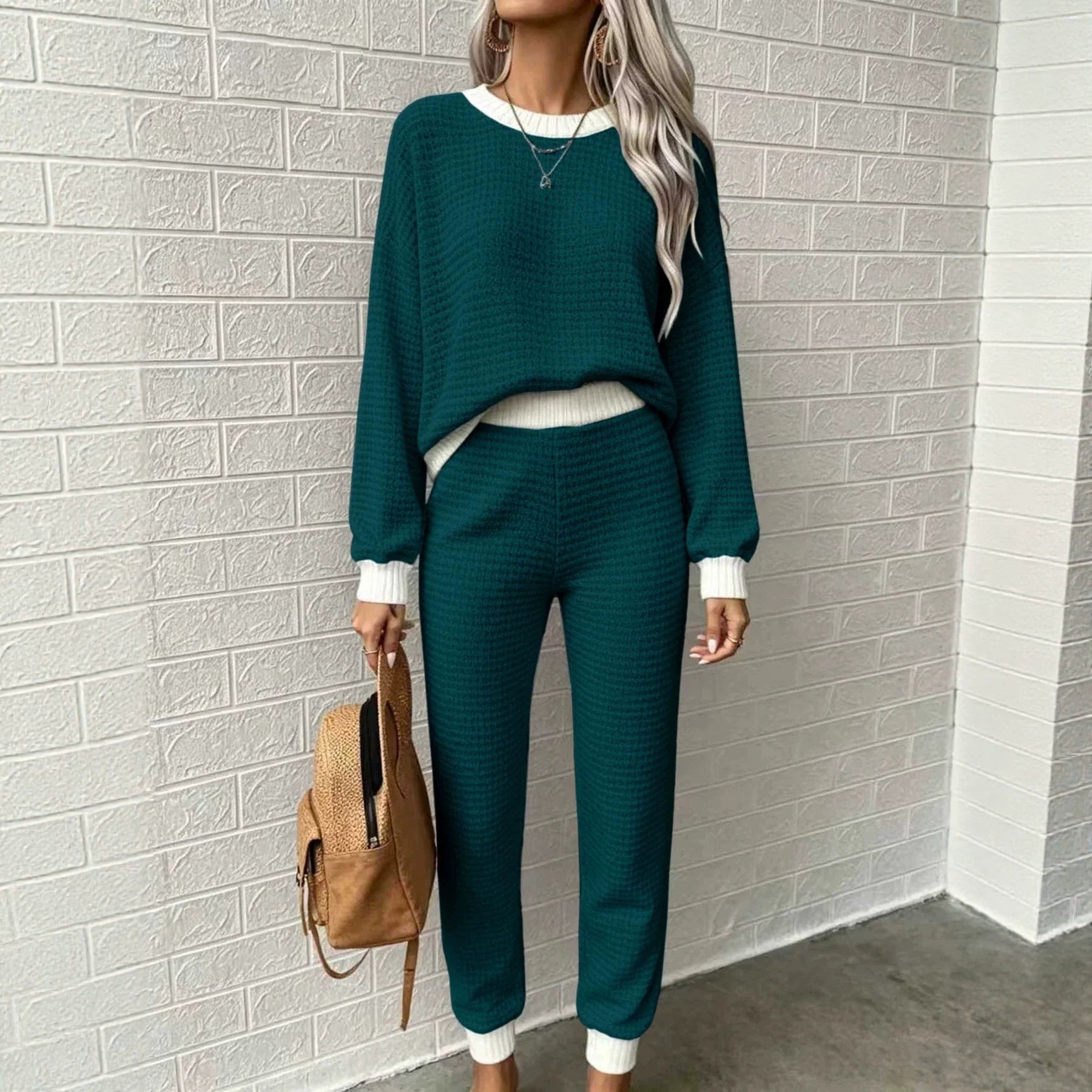 Women's waffle knit comfort set with high-waisted slim joggers and oversized pullover Chichicherry
