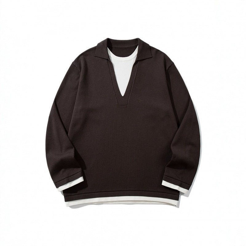 Unisex Oversize Knit Sweater with Open V-Neck and Shirt Collar Chichicherry