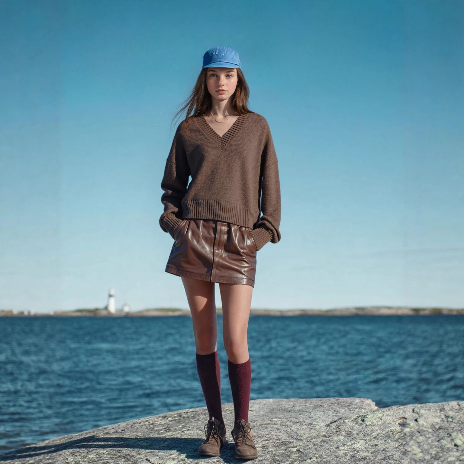 Women's Oversized V-Neck Knit Sweater with Kangaroo Pocket Chichicherry