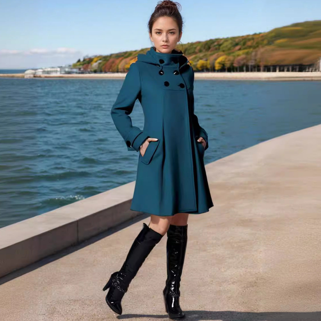 Women A-line wool coat with high standing collar, hooded look, and double-breasted Chichicherry