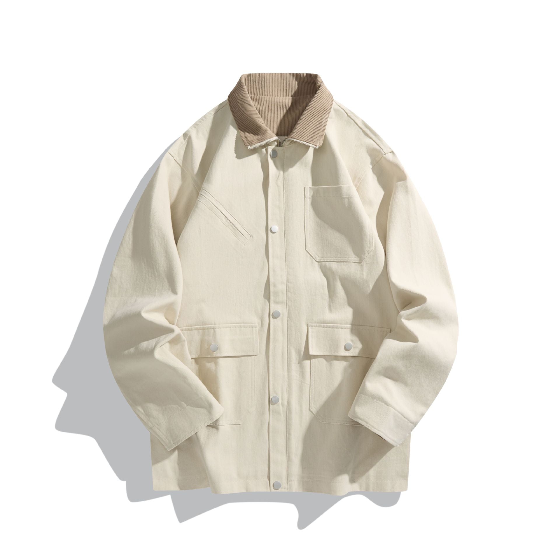Unisex Short-Cut Boxy Canvas Jacket with Cord Collar, Snap Button Front and Utility Patch Pockets Chichicherry