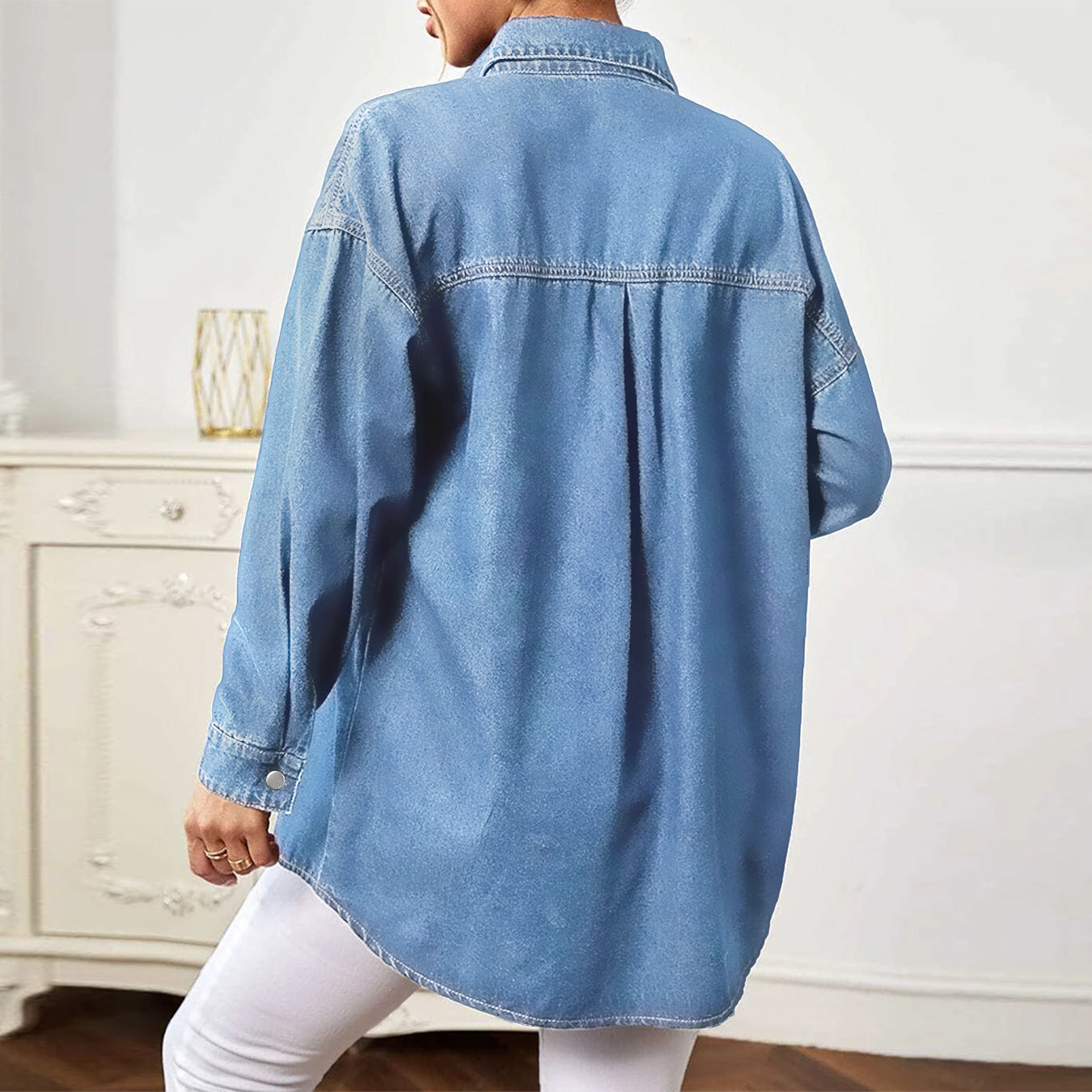 Women's Longline Denim Shirt Jacket Oversized with Flap Pockets Chichicherry