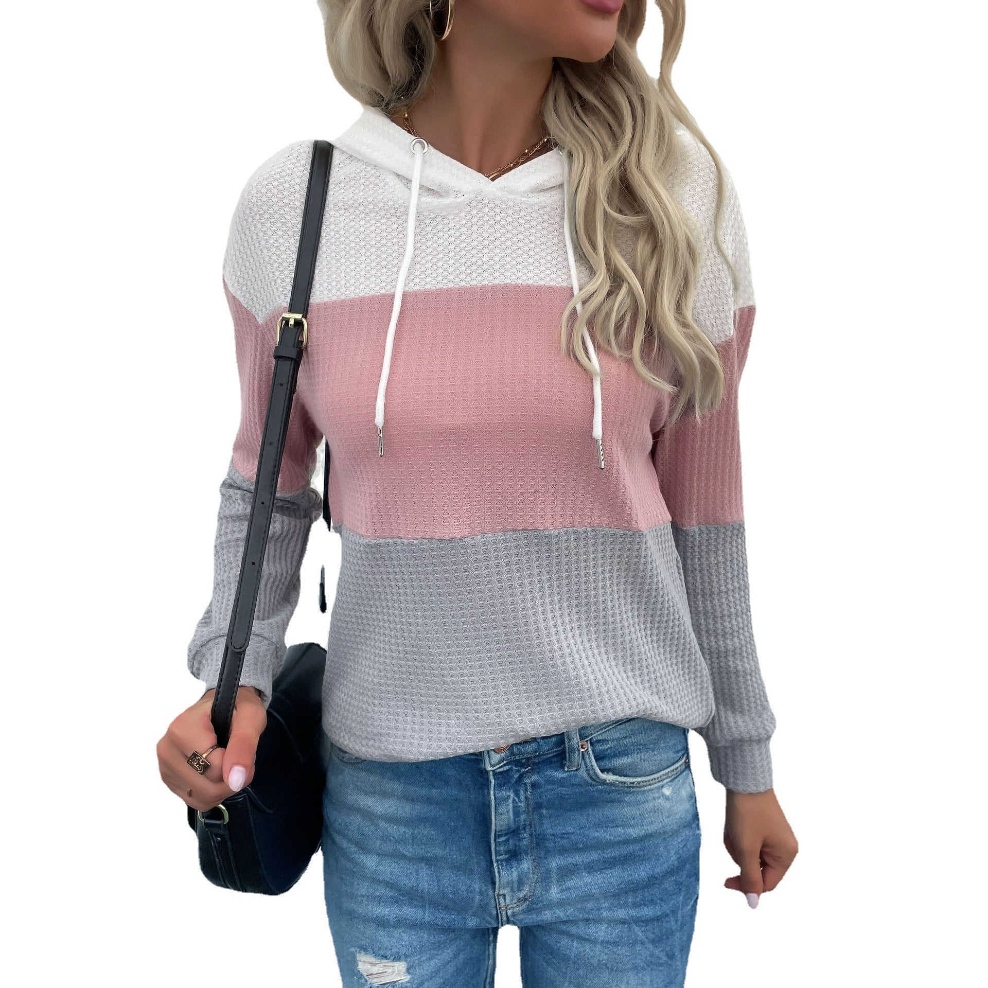 Women's Casual Knit Hoodie with Colorblock, Drawstring and Fine Waffle Pattern Chichicherry