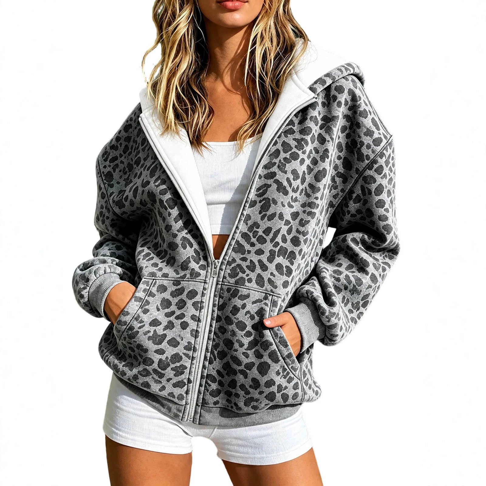 Women's Lightweight Padded Hooded Zip Jacket in Animal Print with Kangaroo Pockets Chichicherry