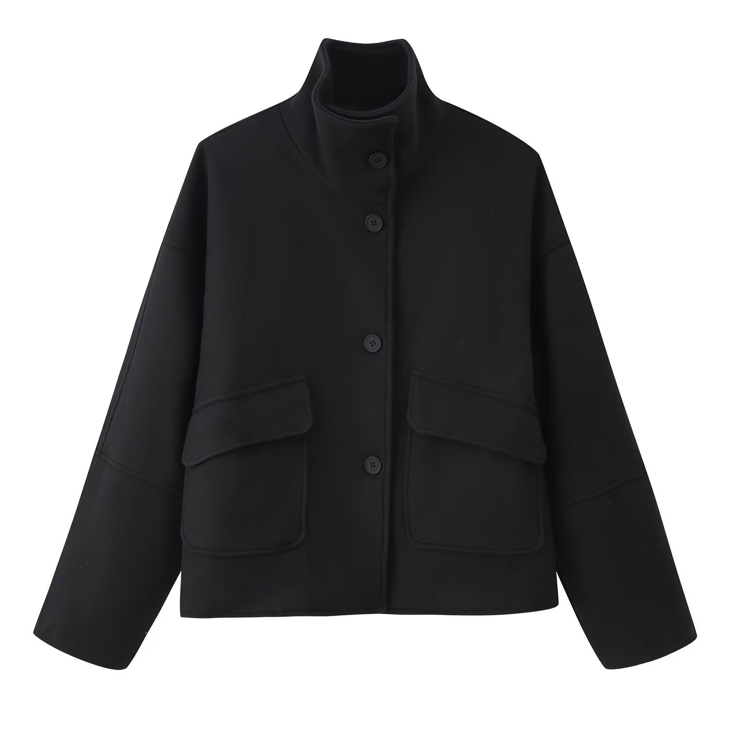 Women's Boxy Short Jacket made of Wool Blend with Stand-up Collar and Flap Pockets Chichicherry