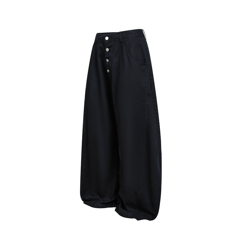 Women's High-Cut Balloon Culotte Pants with Wide Leg Width, Visible Button Placket and Side Pockets