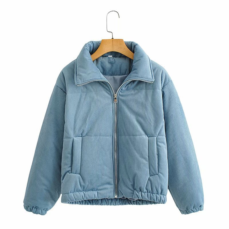 Women's Padded Cord Quilted Jacket with Stand-Up Collar and Elastic Hem Chichicherry