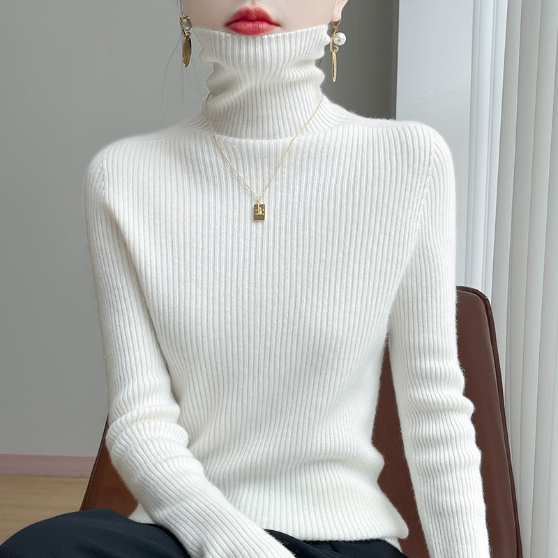 Women's Slim Ribbed Knit Turtleneck Sweater with Ruffled Neck and Cashmere-like Feel Chichicherry