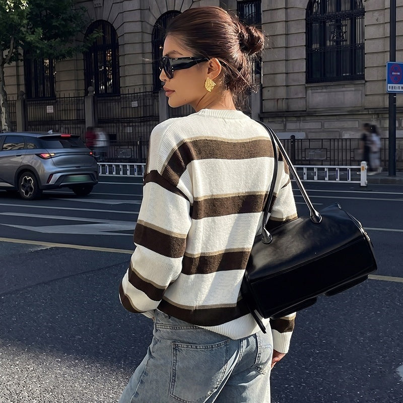 Women's Relaxed Maritime-Inspired Oversized Knit Sweater with Wide Block Stripes and Ribbed Cuffs Chichicherry
