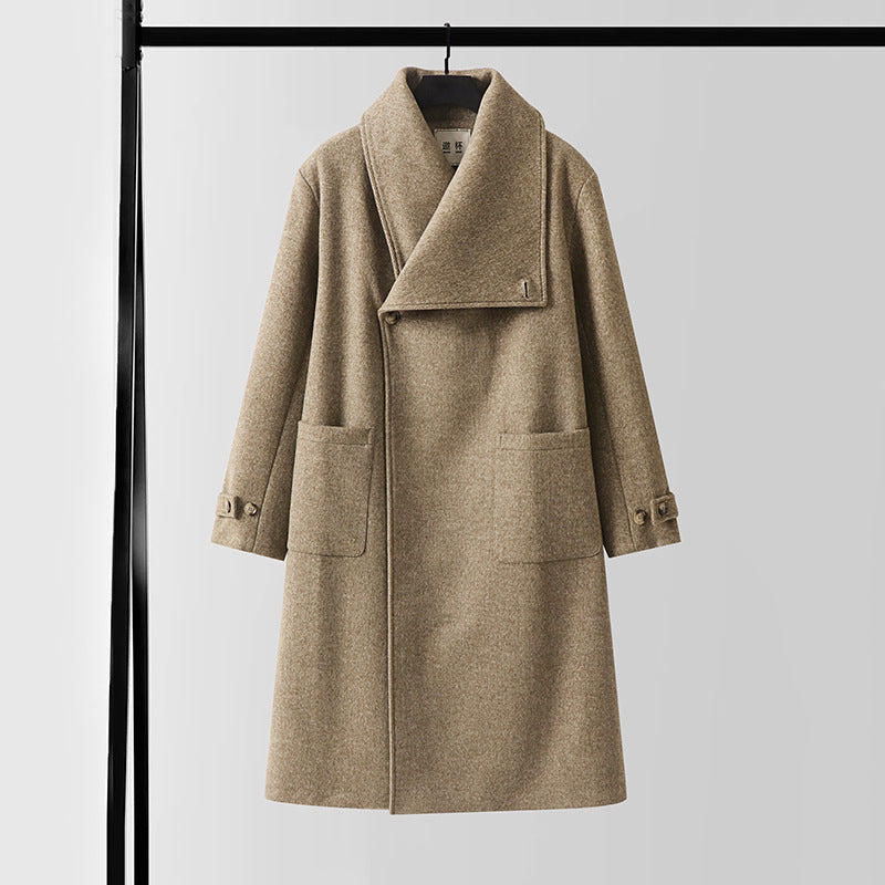 Women's Oversized Wool Blend Coat with Wide Shawl Collar and Patch Pockets Chichicherry