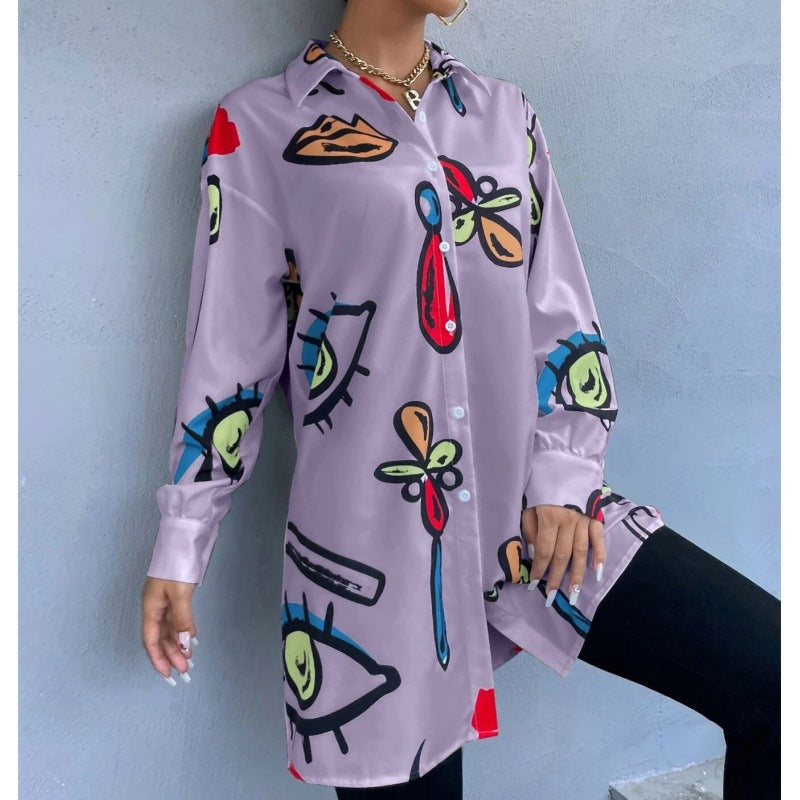 Women's Oversized Long Blouse with Pop Art Print, Shirt Collar and Continuous Button Placket Chichicherry