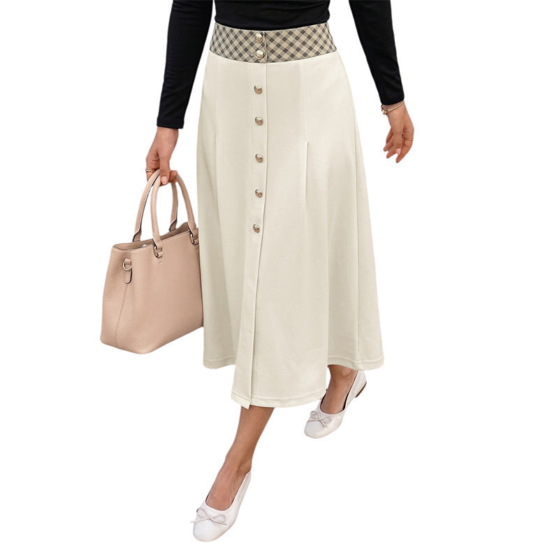 Women's midi skirt with high waist, decorative button placket and feminine A-line