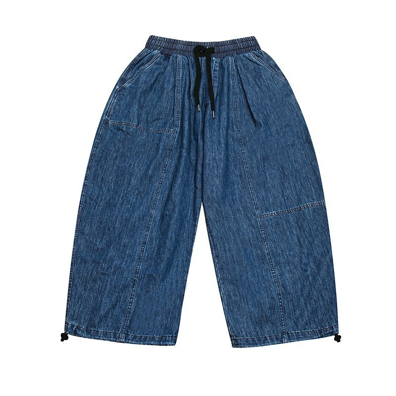 Women's Wide Cropped Jeans in Balloon Cut with Elastic Drawstring Waistband and Adjustable Hem Cords Chichicherry