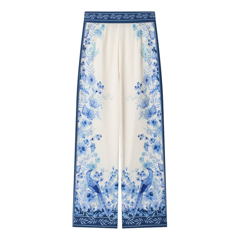 Women Wide Palazzo Pants with Elastic Waistband and Floral Trim Optics Chichicherry