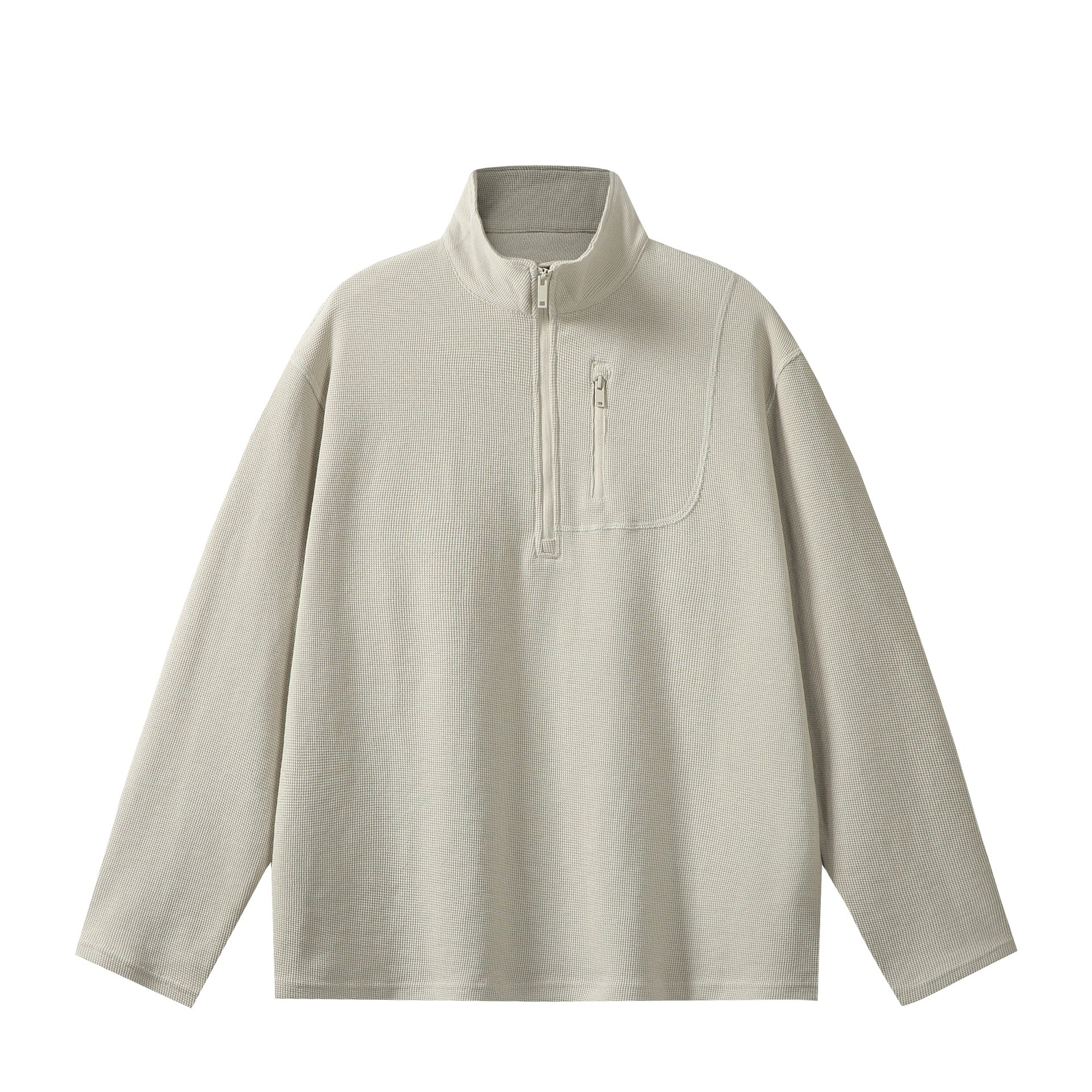 Unisex Lightweight Waffle Knit Half-Zip Pullover with Stand-Up Collar and Chest Zip Pocket Chichicherry