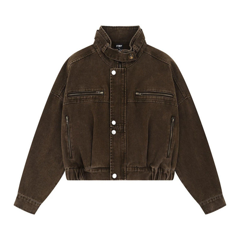 Women's Cropped Utility Bomber Jacket with Stand-Up Collar, Zipper Pockets and Elastic Cuffs Chichicherry