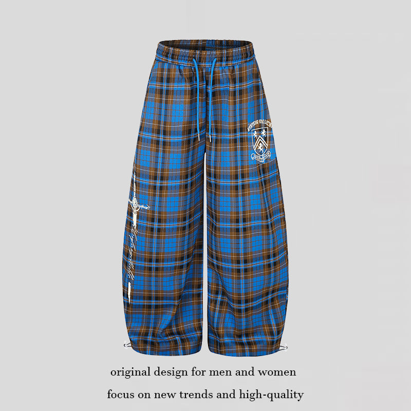 Ladies Extra-wide Checked Palazzo Lounge Pants with Elastic Comfort Waistband, Drawstring and Adjustable Hem Cord