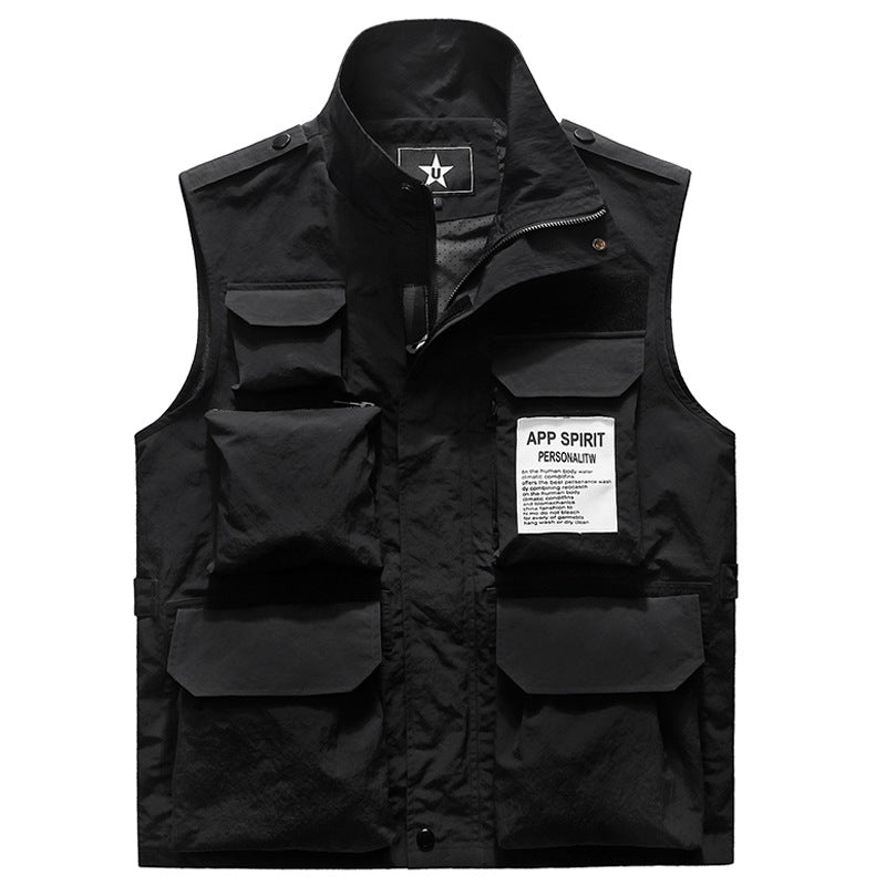 Men's Multifunctional Utility Vest with Multiple Pockets and Stand-Up Collar Chichicherry