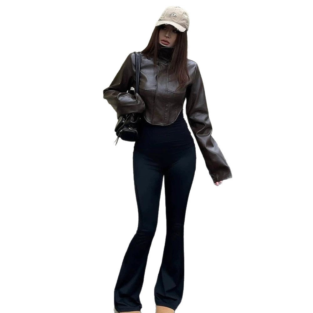 Women Cropped Faux Leather Corset Jacket with High Standing Collar and Extended Sleeves Chichicherry