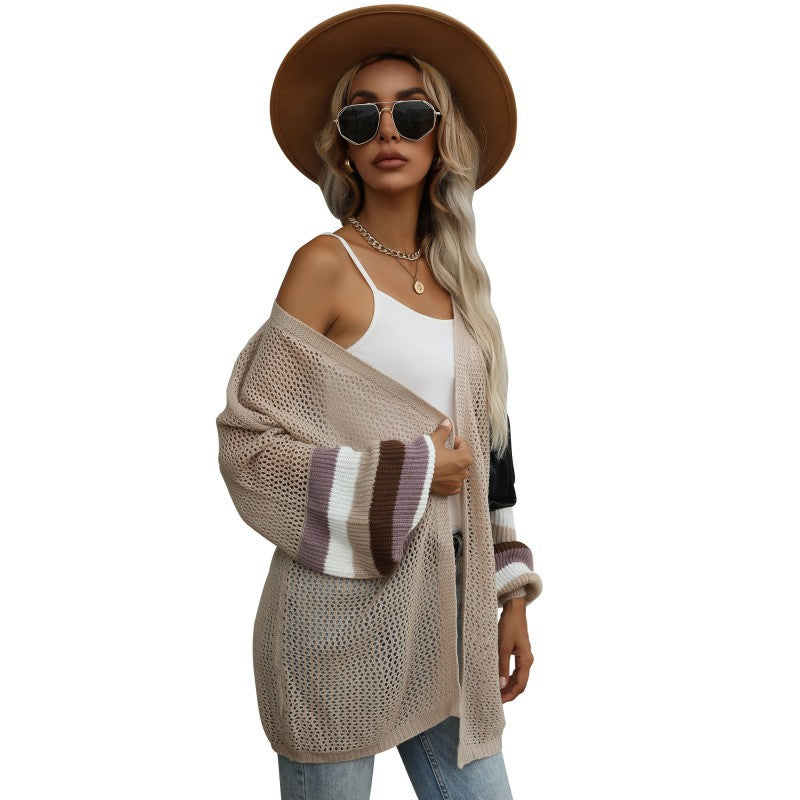 Women's Open Long Cardigan Knit Sweater with Openwork Knit, Balloon Sleeves and Striped Sleeve Fit Chichicherry