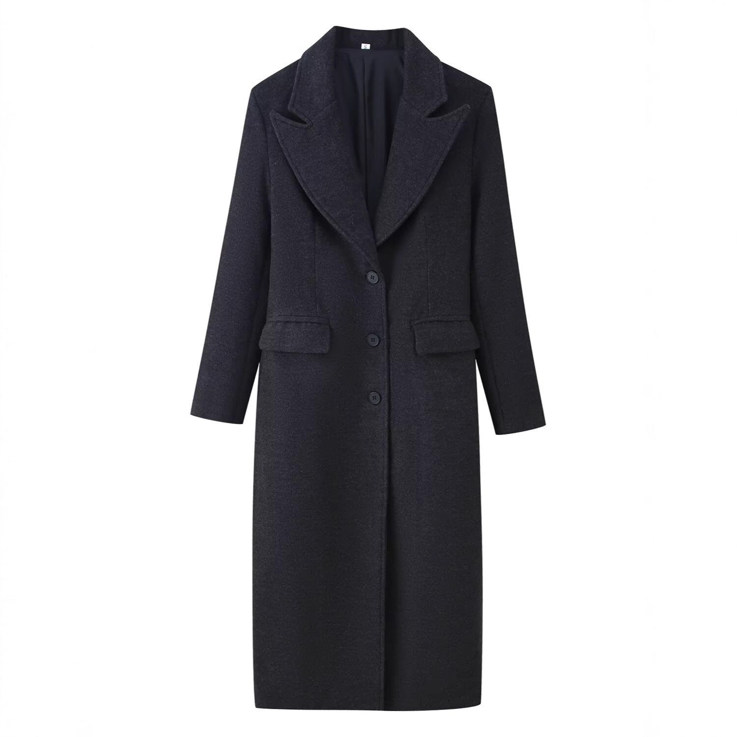 Women Longline Wool Blend Coat with Distinctive Lapels, Tailored Darts, and Flap Pockets Chichicherry
