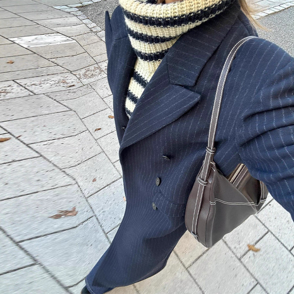 Women Long Cut Double Breasted Pinstripe Coat with Notch Collar Chichicherry