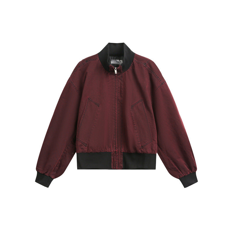 Unisex Short Cut Satin Bomber in Boxy Cut with Contrasting Ribbed Collar and Balloon Sleeves Chichicherry
