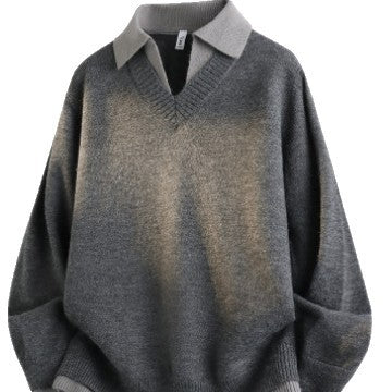Unisex Lässiger Strukturstrick-Pullover mit offenem Polokragen und tiefem V-Ausschnitt Chichicherry