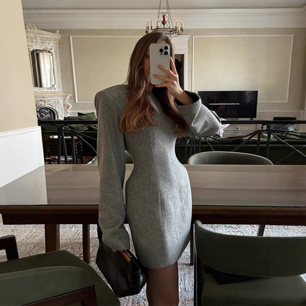 Women's Tailored Wool Blend Mini Dress with Emphasized Waist and Long Sleeves Chichicherry