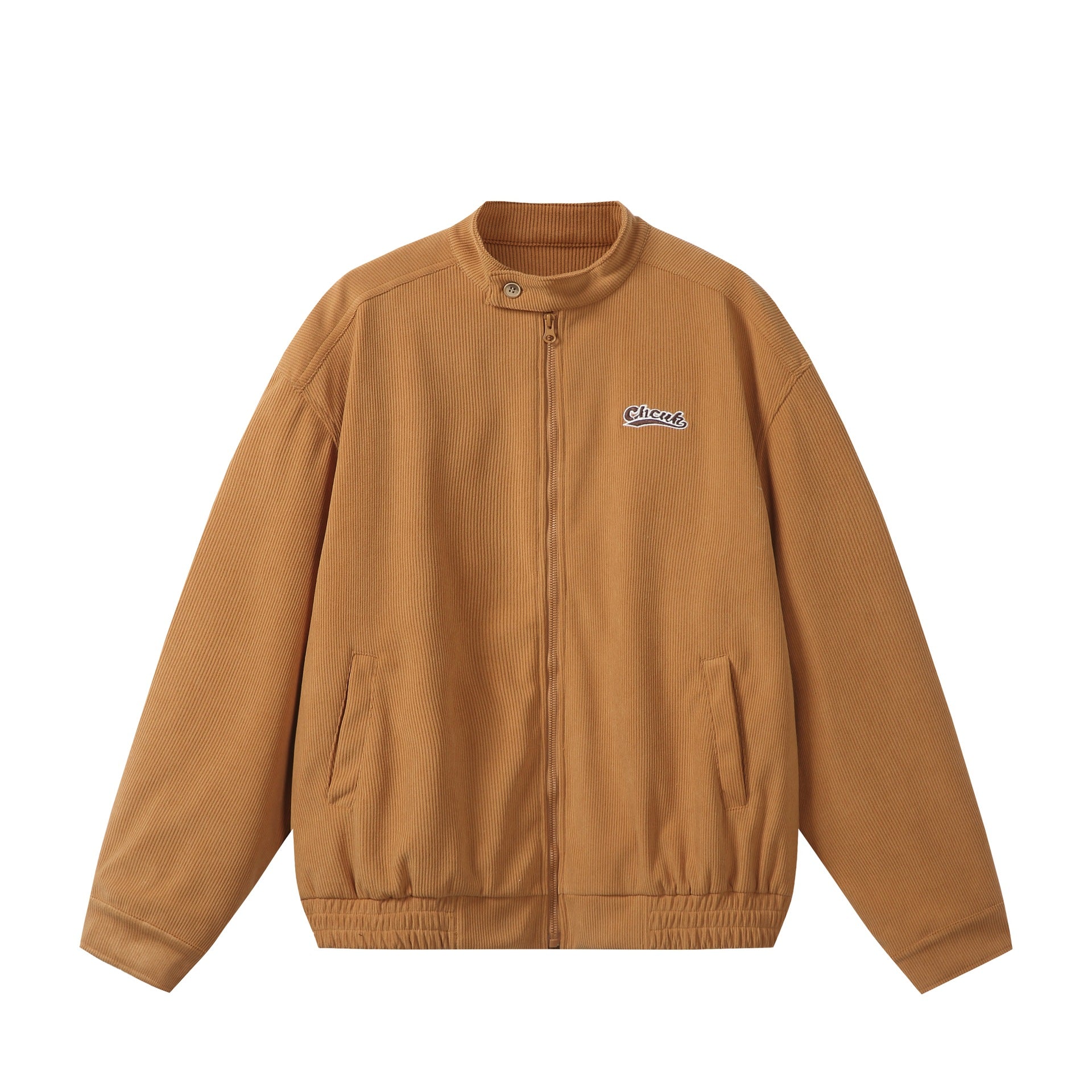 Unisex loose-fitting corduroy blouson jacket with stand-up collar, full-length zipper, and elastic hem Chichicherry