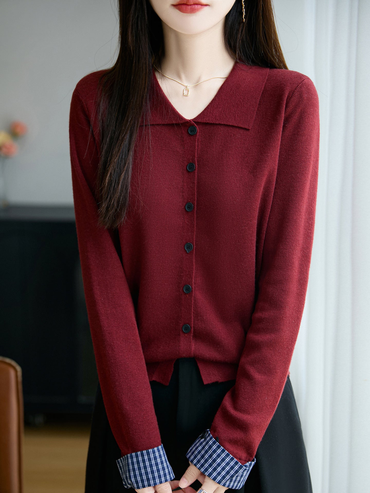 Women Lightweight Fine Knit Cardigan with Wide Shirt Collar and Front Button Placket Chichicherry