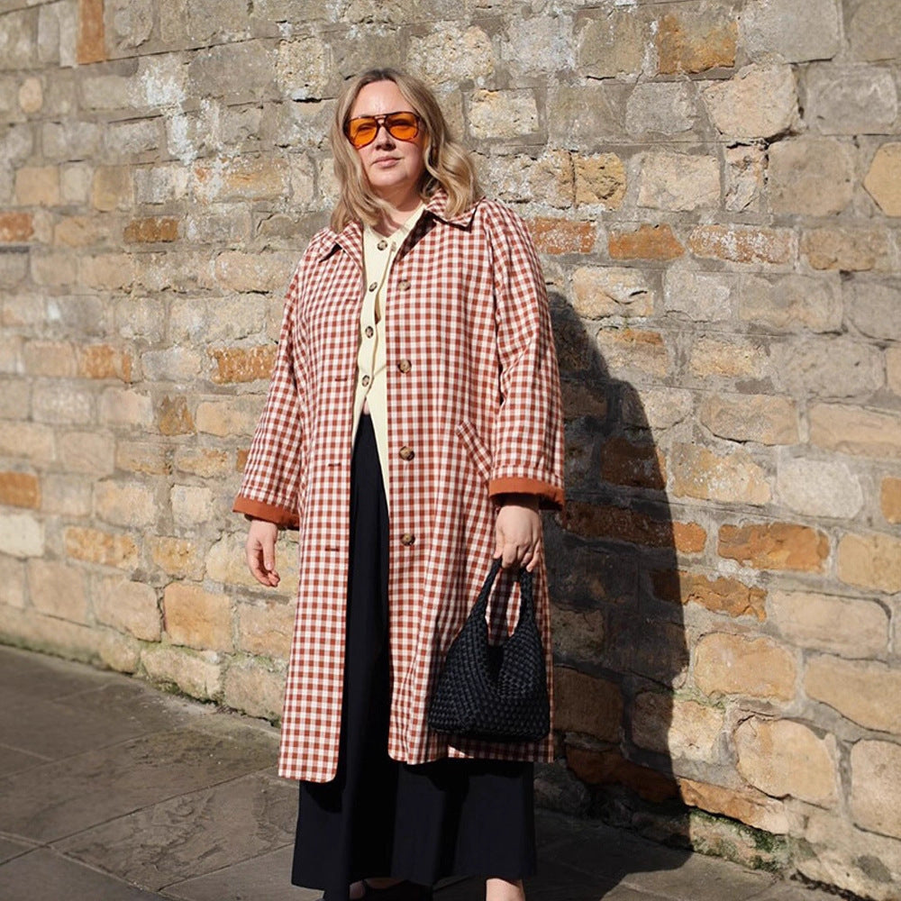 Women's Checkered Trench Coat Mid-Length with Button Placket and Contrast-Lined Cuffs Chichicherry