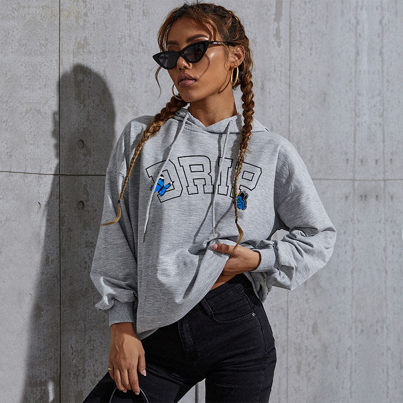 Women's Oversized Hoodie with Kangaroo Pocket and Butterfly Embroidery Chichicherry