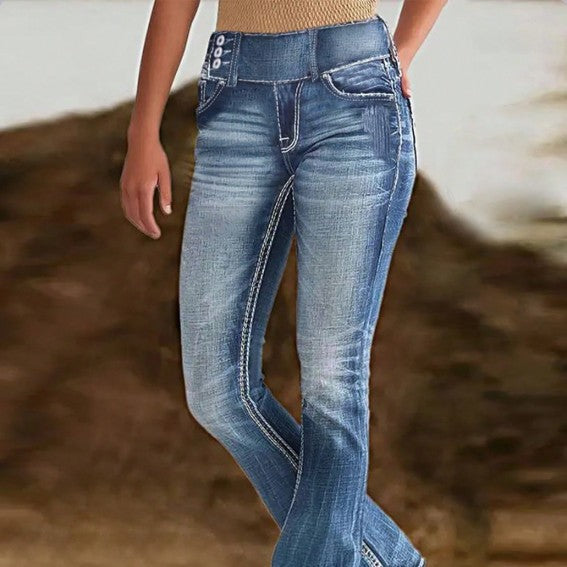 Women High-Waist Bootcut Jeans with sculpting seam design and light vintage finish Chichicherry