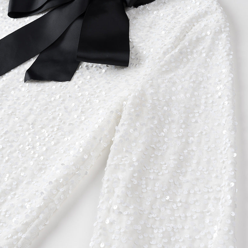 Women's Glitter Tunic with Bow Collar and Fine Sequin Structure Chichicherry