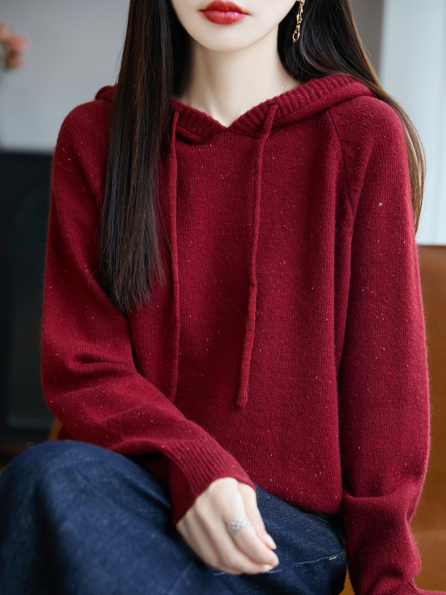 Women's Soft Fine Knit Hoodie with Nep Yarn and Ribbed Cuffs Chichicherry