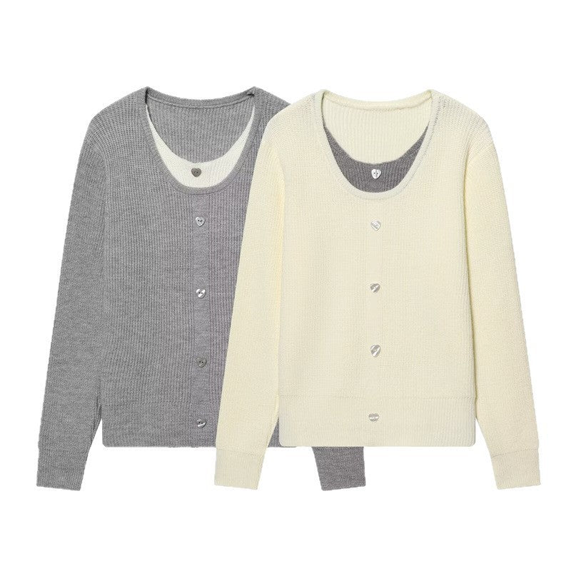 Women's two-layer fine knit cardigan with integrated under top and heart buttons Chichicherry