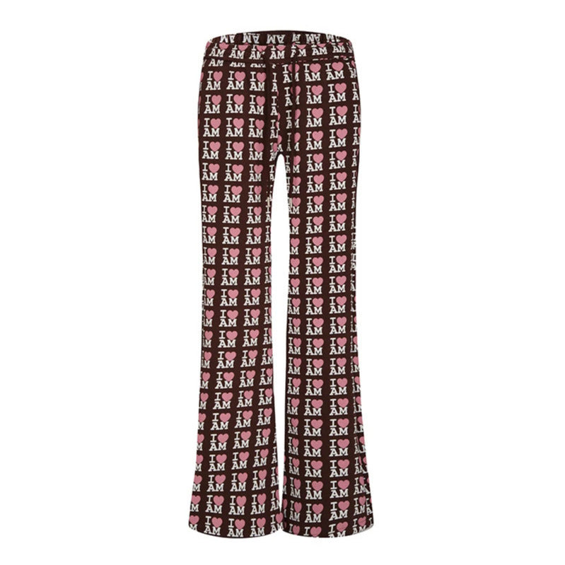 Women's High-Waist Lounge Pants with Flared Leg Cut, Drawstring and Allover Statement Print Chichicherry