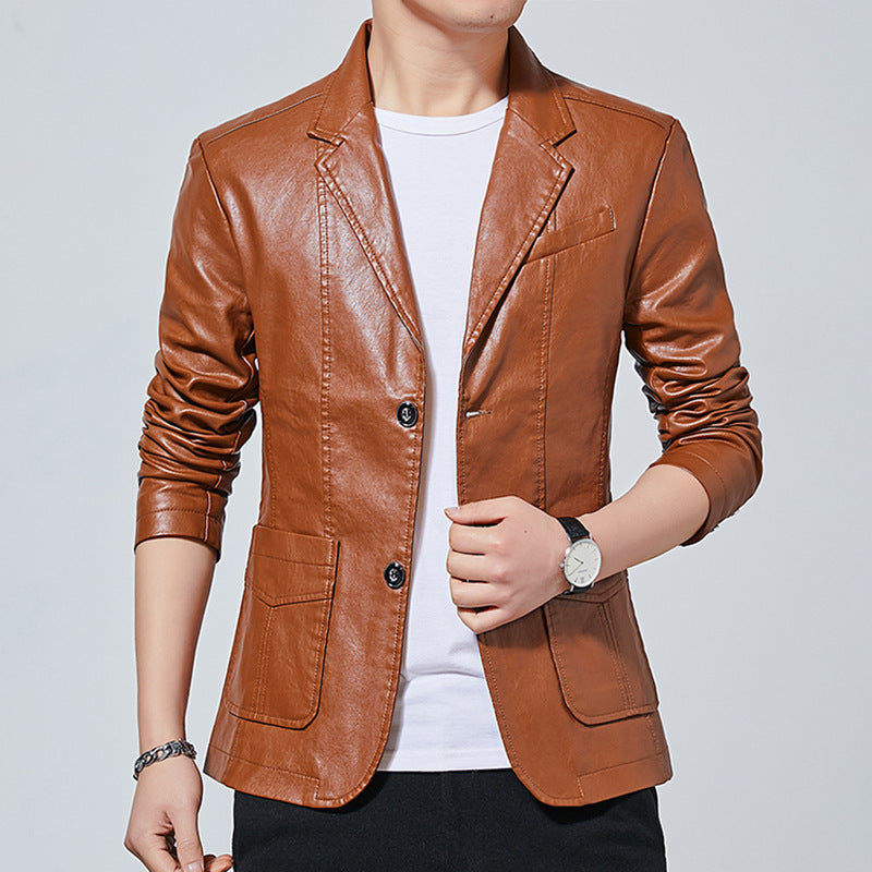 Men's Faux Leather Blouson Style Jacket with Shirt Collar and Patch Pockets Chichicherry