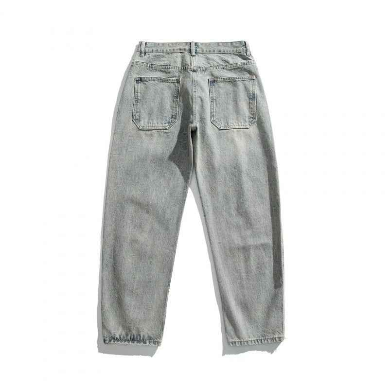 Men's Casual Straight-Leg Jeans with Used Wash and Destroyed Details Chichicherry
