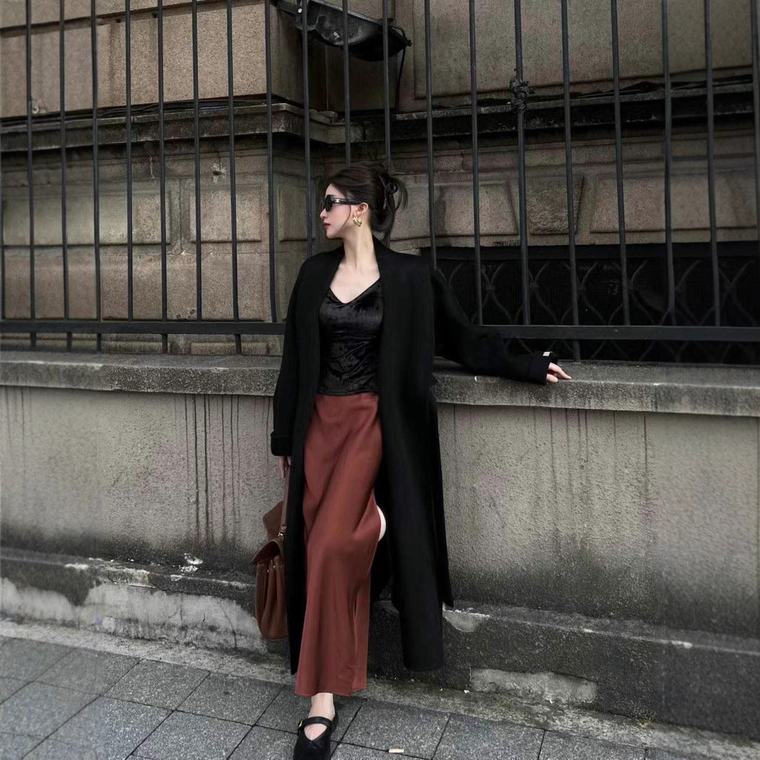 Ladies Mid-length Wrap Coat with Tied Belt and Shawl Collar Chichicherry