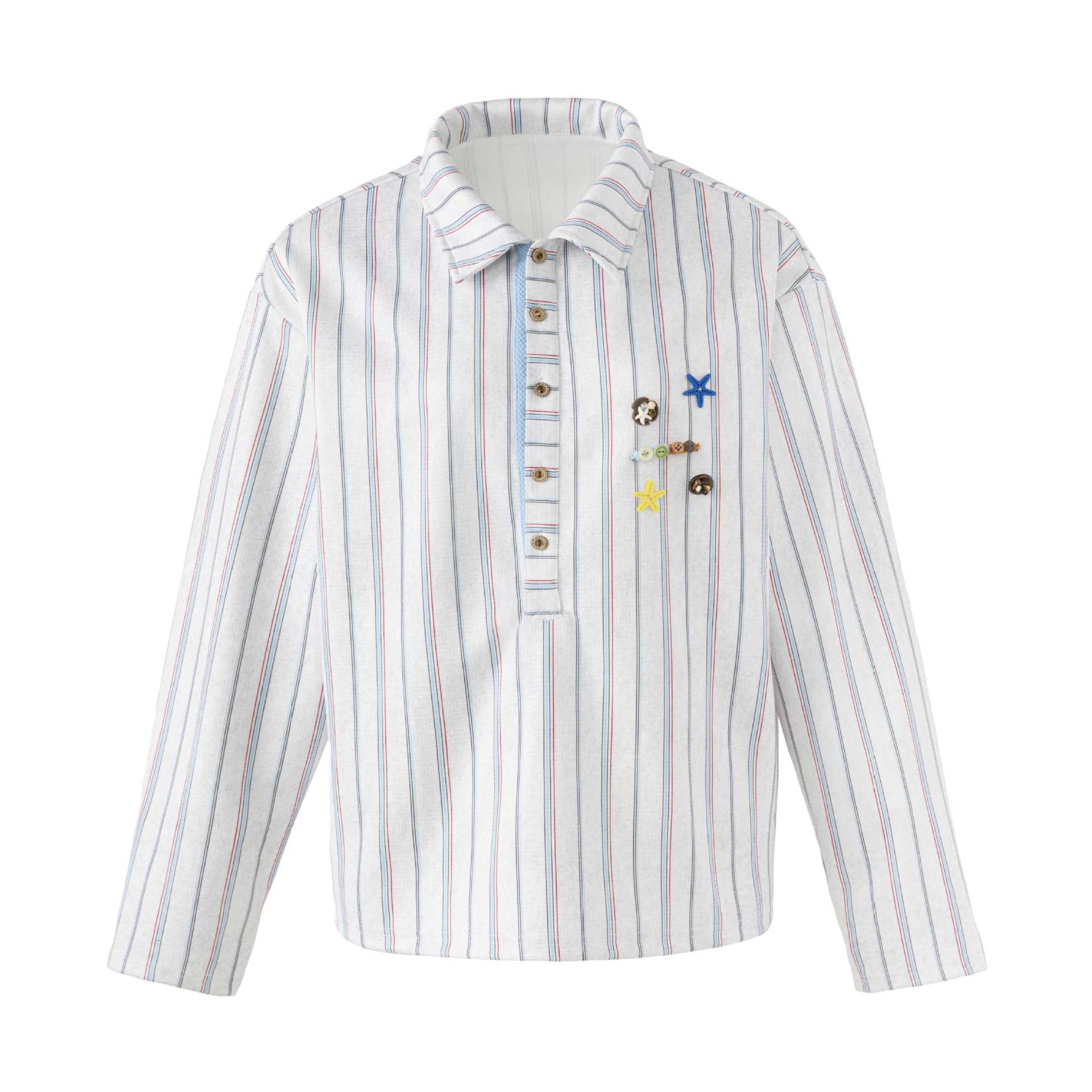 Women's Loose Long Sleeve Shirt with Half Button Placket, Striped Pattern and Decorative Buttons Chichicherry