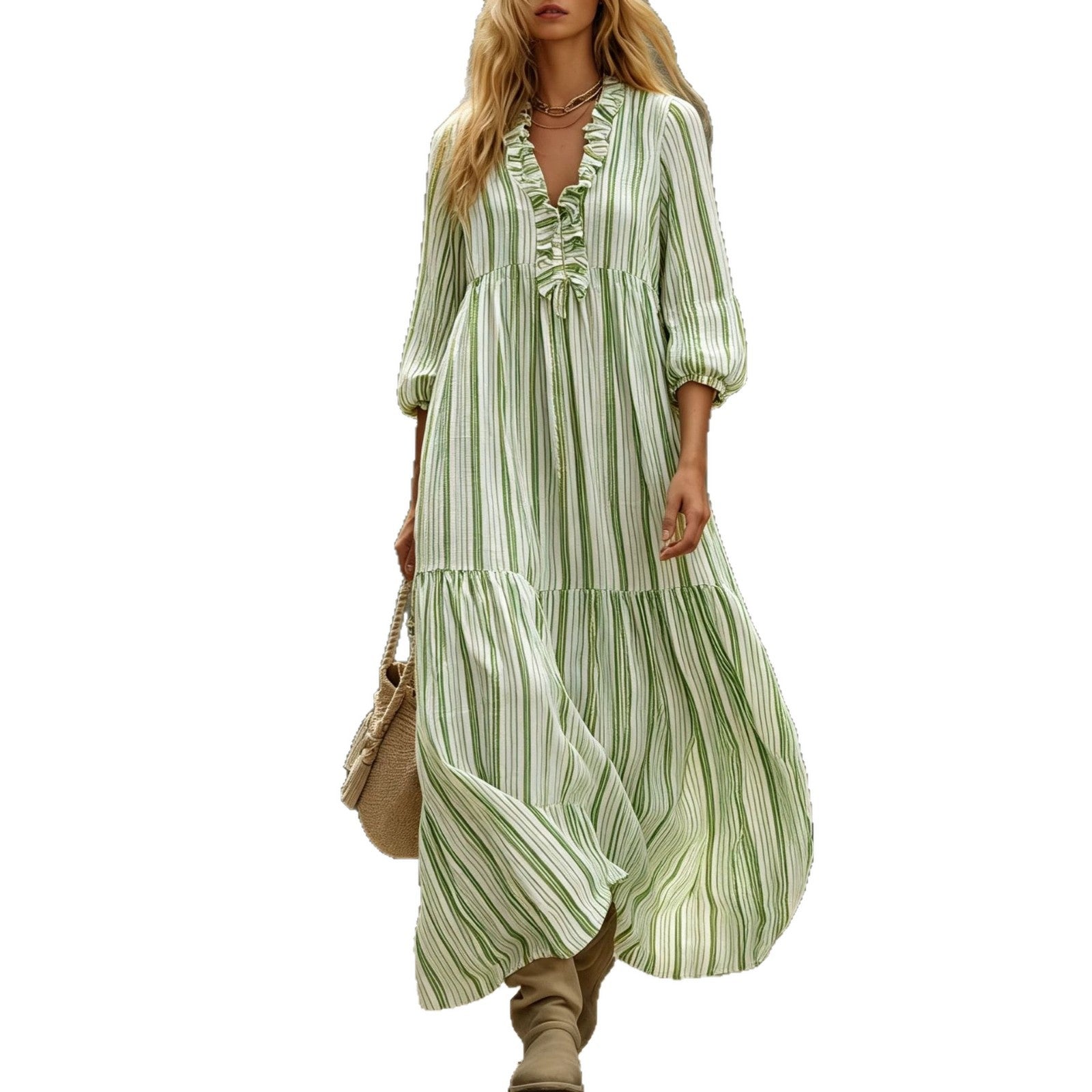 Women's Maxi Dress with Ruffle V-Neck and Balloon Sleeves Chichicherry