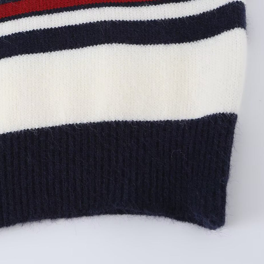 Women Striped Short Cardigan with Round Neck, Button Placket and Ribbed Cuffs Chichicherry