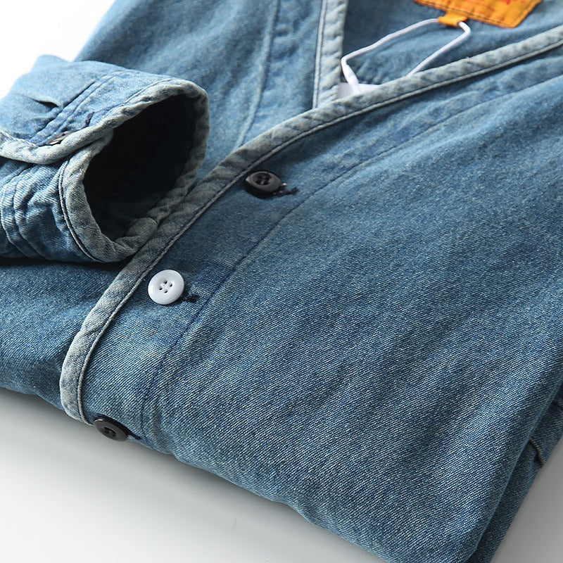 Herren Leichtes Jeans-Sakko im Overshirt-Stil mit V‑Ausschnitt und aufgesetzten Taschen Chichicherry