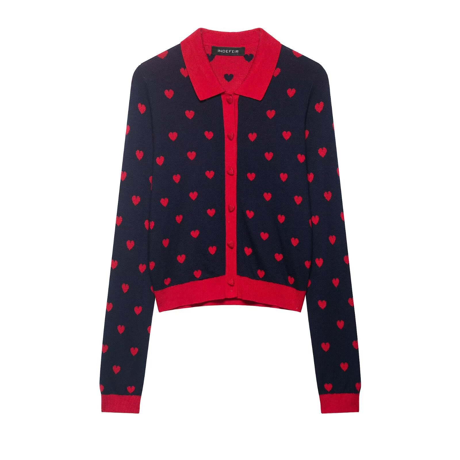 Women Short-Cut Cardigan with Shirt Collar, Heart Jacquard and Button Placket Chichicherry