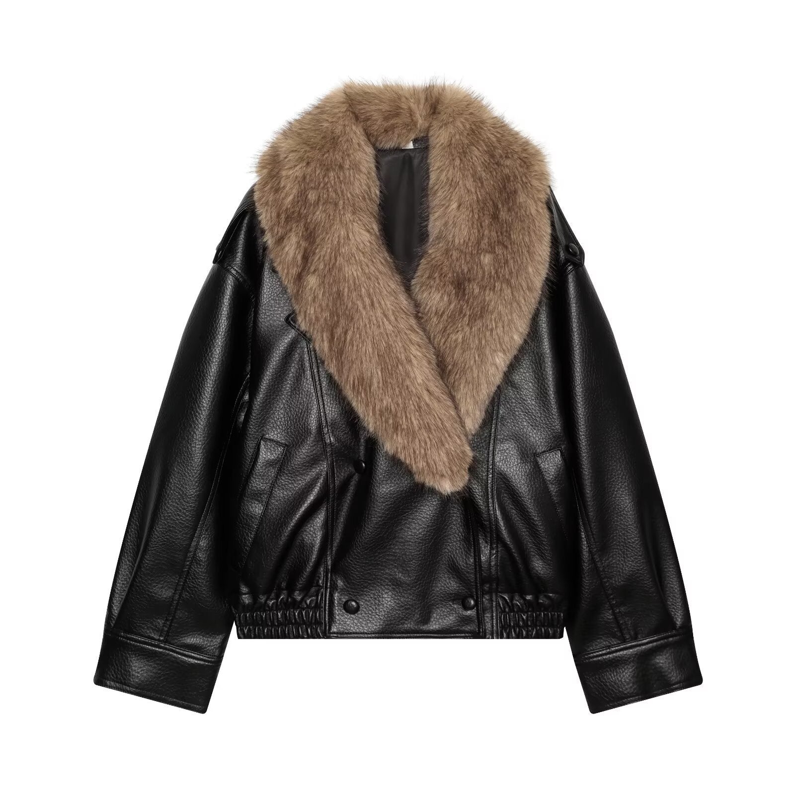 Women's Short Cut Biker Leather Jacket with Voluminous Faux Fur Shawl Collar Chichicherry